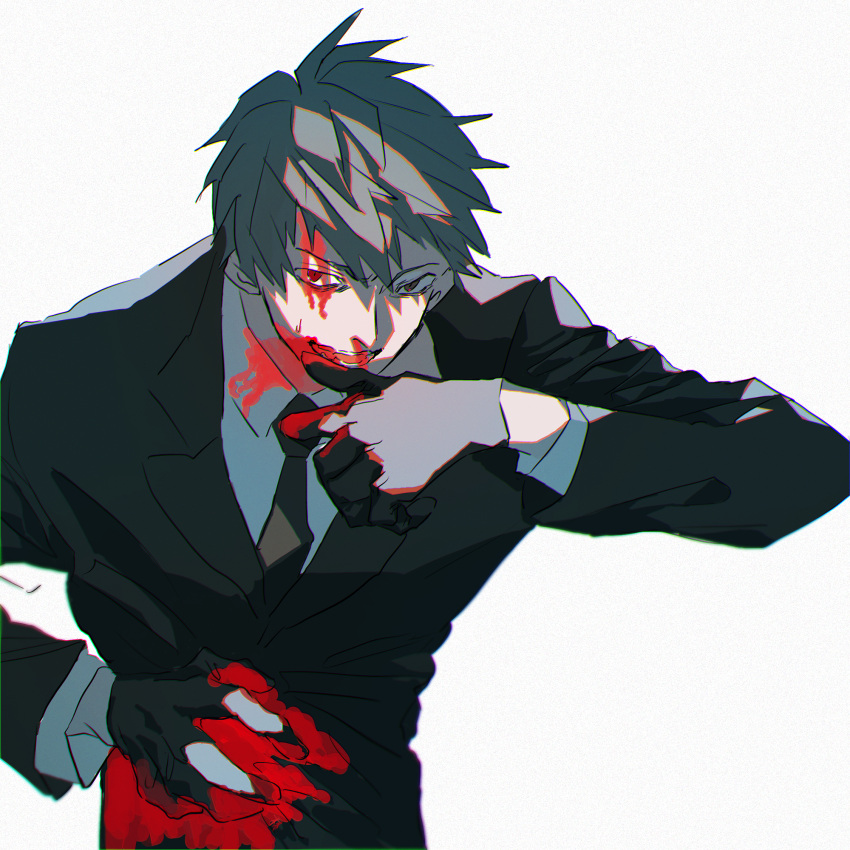 1boy azisaiharumaki56 bangs black_gloves black_jacket black_necktie blood blood_on_clothes blood_on_face blood_on_hands blue_hair brown_eyes collared_shirt commentary_request fate/grand_order fate_(series) fingerless_gloves gloves highres injury jacket long_sleeves looking_at_viewer male_focus necktie saitou_hajime_(fate) shirt short_hair simple_background smile solo white_background white_shirt