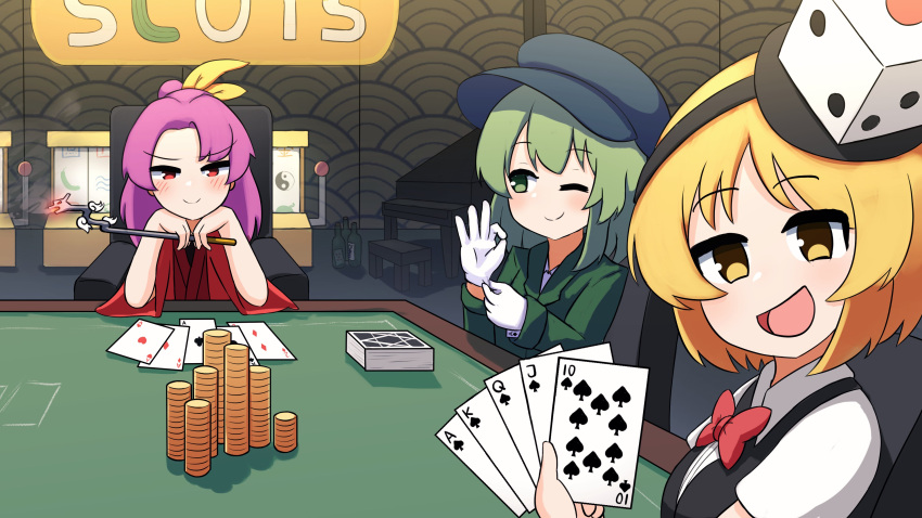 1other 2girls absurdres adjusting_clothes adjusting_gloves black_vest blonde_hair blush bottle bow bowtie breasts card casino casino_card_table closed_mouth collared_shirt dice_hair_ornament english_commentary ferdy's_lab gambling gloves green_eyes green_hair green_headwear green_jacket hair_ornament hair_ribbon hairband highres holding holding_smoking_pipe instrument jacket japanese_clothes kimono kiseru komakusa_sannyo len'en long_hair long_sleeves looking_at_viewer medium_breasts multiple_girls one_eye_closed open_mouth piano playing_card poker_table ponytail puffy_short_sleeves puffy_sleeves purple_hair red_bow red_bowtie red_eyes red_kimono ribbon shirt short_hair short_sleeves slot_machine smile smoking_pipe table touhou vest white_gloves white_shirt wide_sleeves xeno_a yamashiro_takane yellow_eyes yellow_ribbon