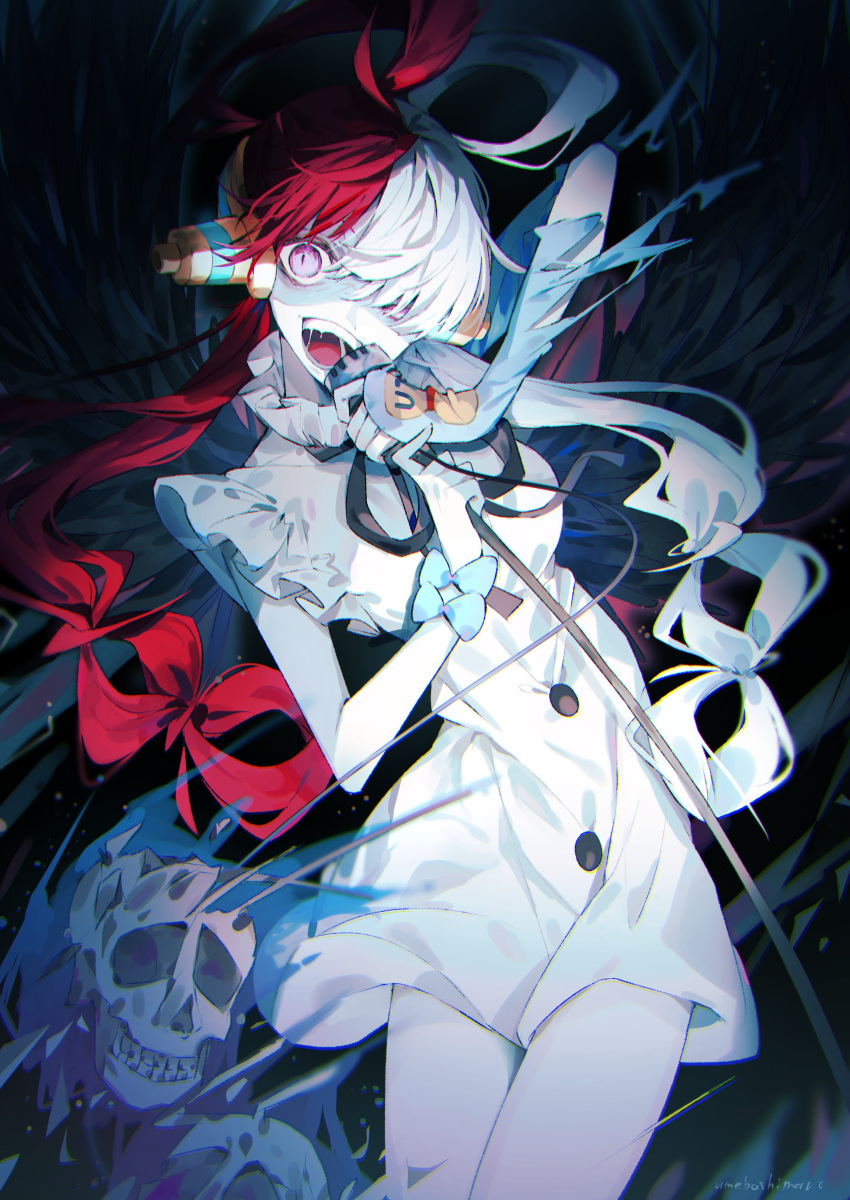 1girl absurdres braid breasts buttons highres legs long_hair microphone multicolored_hair one_piece open_mouth pink_eyes possessed redhead saliva shirt skull solo twin_braids two-tone_hair umemaro_(siona0908) undead unusually_open_eyes uta_(one_piece) white_hair white_shirt