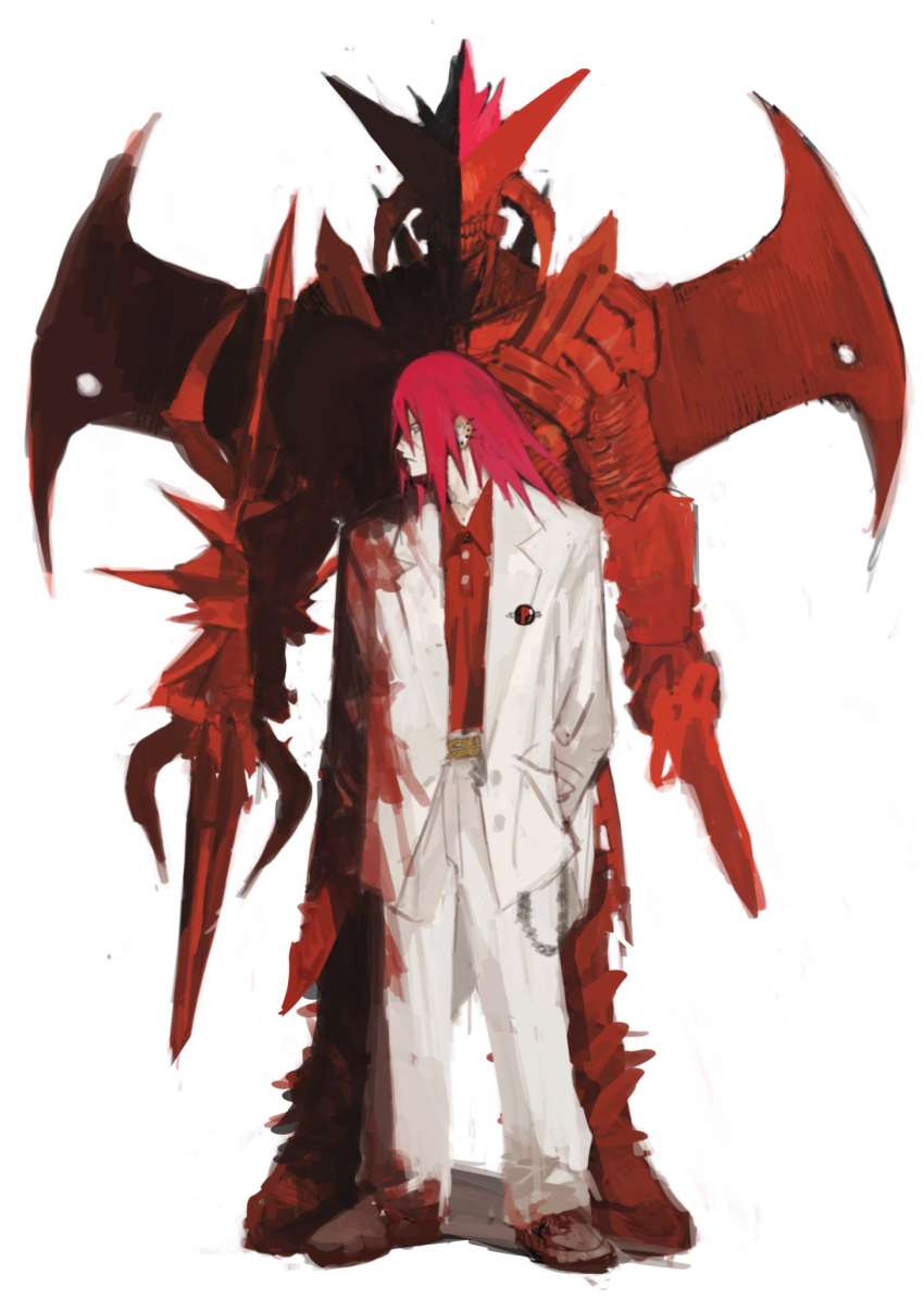 1boy 1other armor blood blood_on_clothes colored_skin dual_wielding ear_piercing highres holding jacket original pants piercing red_armor red_shirt redhead shirt shoes suzumesakiii weapon white_jacket white_pants white_skin wings