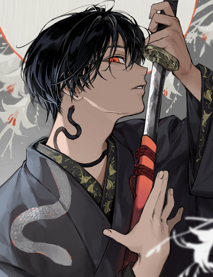 1boy bishounen black_hair flower hakama highres holding holding_sword holding_weapon japanese_clothes lily_(flower) looking_at_viewer male_focus neck_tattoo original profile red_eyes short_hair snake_print solo sword tattoo uminonew weapon