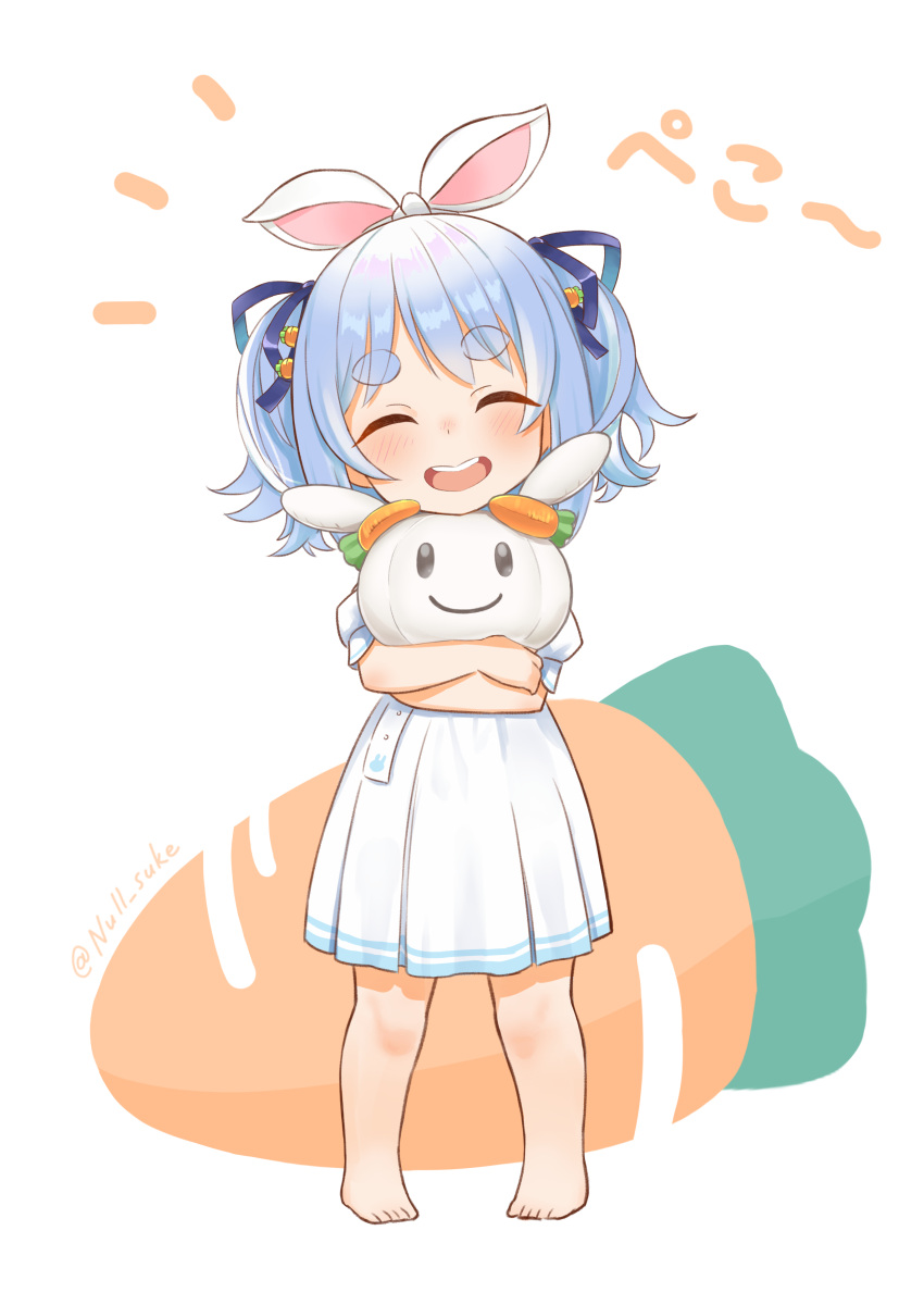 absurdres artist_name bangs blue_hair blue_ribbon carrot_hair_ornament carrying child commentary_request dot_nose dress feet food-themed_hair_ornament forehead frilled_dress frills hair_ornament happy highres holding hololive hug legs_apart null_suke open_mouth parted_bangs rabbit_girl ribbon short_hair simple_background smile stuffed_animal stuffed_bunny stuffed_toy teeth thick_eyebrows toes two_side_up upper_teeth usada_pekora virtual_youtuber white_background white_dress