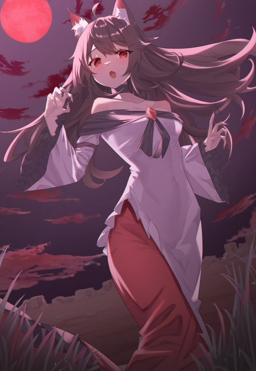 1girl absurdres animal_ears arms_up bangs bare_shoulders black_choker blush breasts brown_hair choker clouds cloudy_sky collarbone commentary_request crystal diamond_(shape) dress fang fingernails frills full_moon gradient gradient_sky grass grey_dress hair_between_eyes hands_up highres imaizumi_kagerou jewelry long_fingernails long_hair long_sleeves lookhow looking_at_viewer medium_breasts moon night night_sky off-shoulder_dress off_shoulder open_mouth outdoors purple_sky red_dress red_eyes red_moon sky solo standing star_(sky) starry_sky tail tongue touhou wide_sleeves wolf_ears wolf_tail