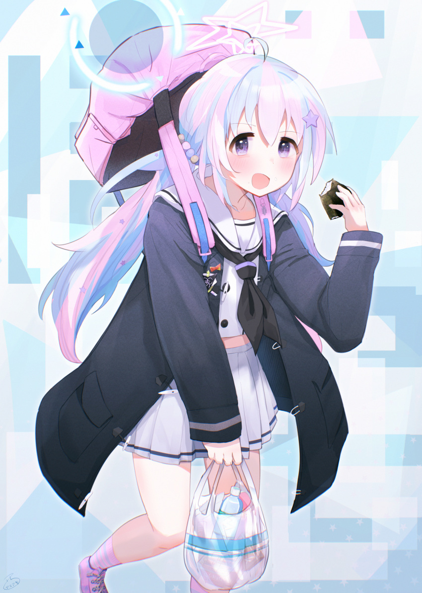 1girl :d ahoge backpack bag bangs black_jacket black_neckerchief black_shirt blue_archive blue_hair blush bottle commentary_request food hair_between_eyes hair_ornament halo highres holding holding_bag holding_food jacket long_hair long_sleeves looking_at_viewer low_twintails multicolored_hair neckerchief nishi_yasuaki onigiri open_clothes open_jacket pink_hair plastic_bag pleated_skirt reisa_(blue_archive) shirt shopping_bag skirt sleeves_past_wrists smile solo star_(symbol) star_hair_ornament twintails two-tone_hair very_long_hair violet_eyes white_skirt