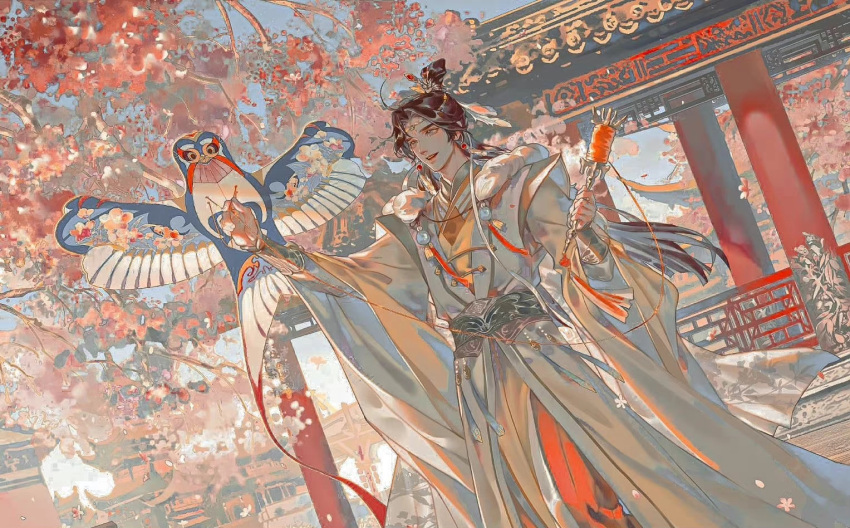 1boy architecture bangs bishounen black_hair cherry chinese_clothes east_asian_architecture food fruit hanfu kite_flying long_hair long_sleeves male_focus parted_bangs solo tian_guan_ci_fu wide_sleeves xie_lian yu66789033