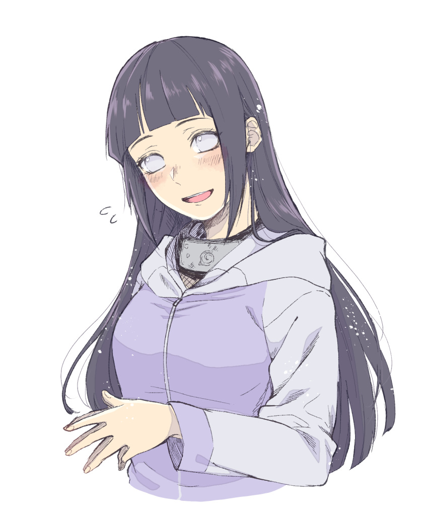 1girl :d bangs black_hair blunt_bangs blush cropped_torso grey_eyes grey_sleeves headband_around_neck highres hime_cut hooded_cardigan hyuuga_hinata long_hair long_sleeves looking_at_viewer naruto_(series) naruto_shippuuden open_mouth simple_background sketch smile solo straight_hair suzu_(tg_390) upper_body very_long_hair white_background