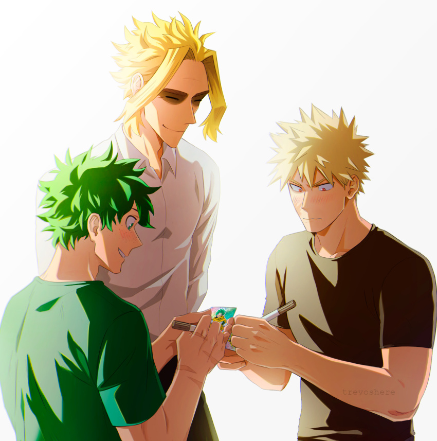 3boys all_might bakugou_katsuki bangs blonde_hair blush boku_no_hero_academia brown_pants brown_shirt card closed_eyes closed_mouth green_hair green_shirt grey_background grey_shirt happy highres holding holding_card holding_pen male_focus midoriya_izuku multiple_boys pants parted_bangs pen red_eyes shirt short_hair simple_background smile trevo_(trevoshere) upper_body yagi_toshinori