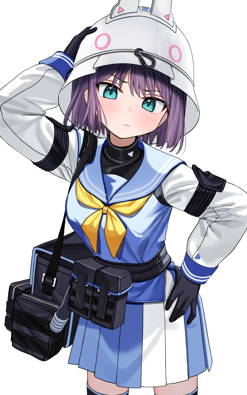 1girl aqua_eyes bag bangs black_gloves blue_archive blush breasts closed_mouth commentary_request gloves hand_on_headwear hand_on_hip helmet highres long_sleeves looking_at_viewer luicent neckerchief pleated_skirt pouch purple_hair sailor_collar saki_(blue_archive) school_uniform serafuku short_hair simple_background skirt solo thigh-highs white_background white_headwear yellow_neckerchief