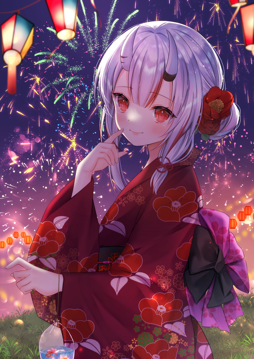1girl bag bagged_fish blush commentary_request fireworks fish floral_print flower grass hair_bun hair_flower hair_ornament haruhitooo highres hololive horns japanese_clothes kimono lantern long_sleeves looking_at_viewer multicolored_hair nakiri_ayame night oni oni_horns outdoors paper_lantern plastic_bag red_eyes redhead smile solo streaked_hair summer_festival upper_body virtual_youtuber white_hair yukata