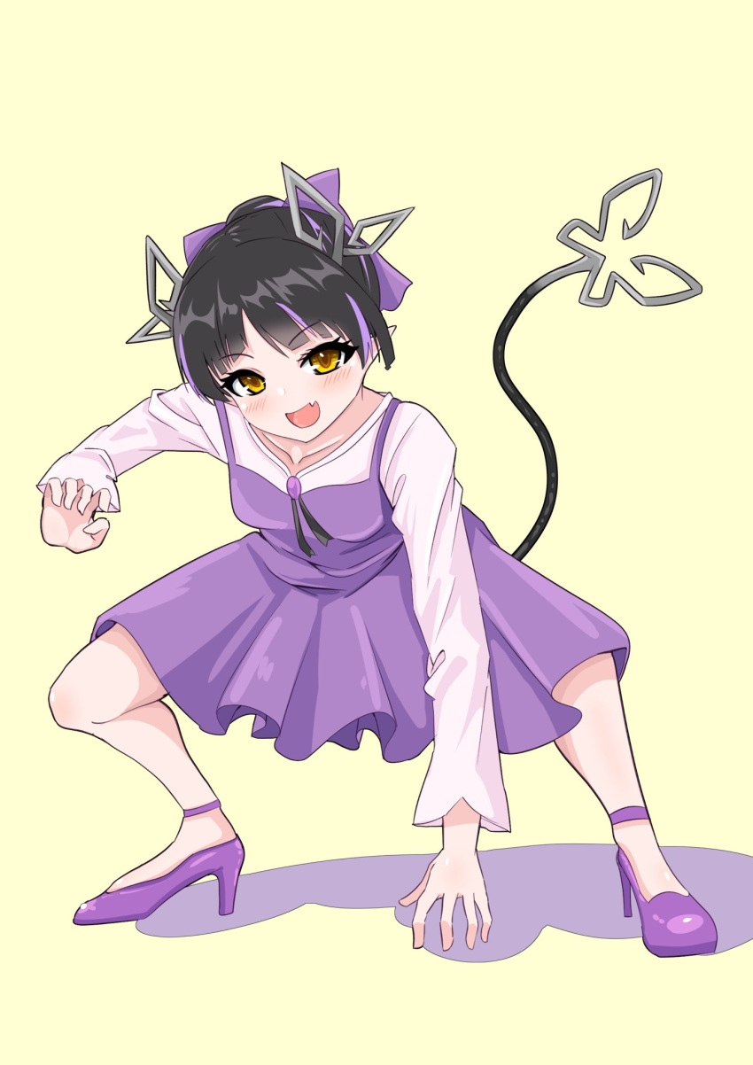 1girl alternate_hairstyle bangs black_hair blunt_bangs blush breasts claw_pose commentary_request cosplay demon_girl demon_horns demon_tail dress full_body gegege_no_kitarou hair_bun high_heels highres horns kojo_anna looking_at_viewer medium_breasts multicolored_hair nekomusume nekomusume_(cosplay) open_mouth pinafore_dress pink_shirt pointy_ears purple_dress purple_footwear purple_hair robou_no_stone shirt short_hair smile solo squatting sugar_lyric tail two-tone_hair virtual_youtuber yellow_background yellow_eyes