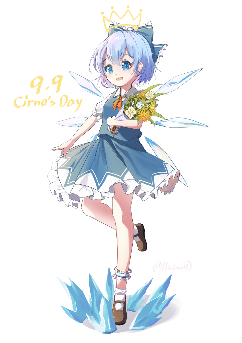 1girl :d absurdres bangs black_footwear blue_bow blue_eyes blue_hair blue_skirt blue_vest bouquet bow cirno cirno_day collared_shirt crown dated flower frilled_skirt frills full_body hair_bow highres holding holding_bouquet ice ice_wings lbcirno9 looking_at_viewer open_mouth puffy_short_sleeves puffy_sleeves shirt short_hair short_sleeves simple_background skirt smile socks solo touhou vest white_background white_shirt white_socks wings
