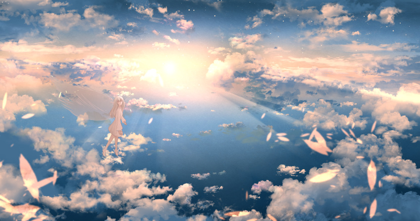 1girl abisswalker8 absurdres barefoot clouds cloudy_sky dawn dress fantasy feathers highres long_dress long_hair long_sleeves looking_at_viewer original scenery sky star_(sky) starry_sky sun sunlight water white_hair wings