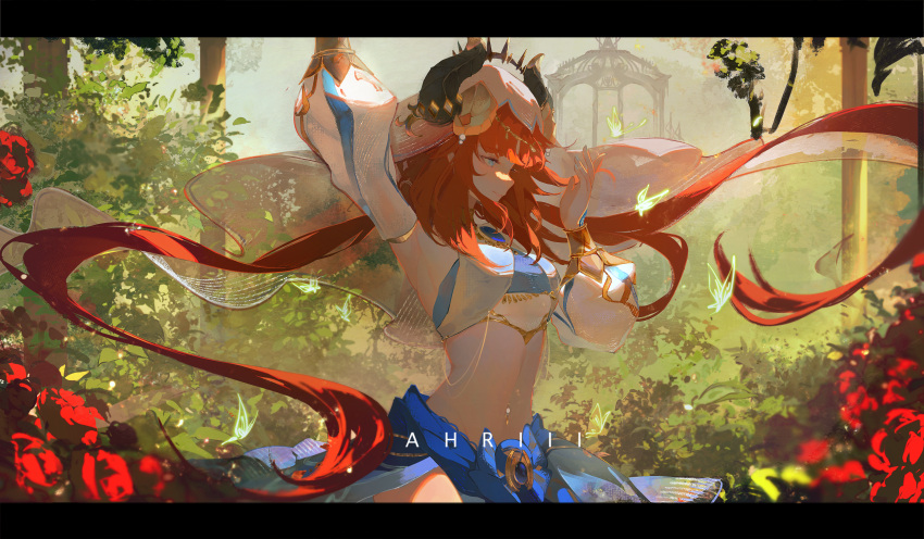 1girl absurdres arm_up blue_eyes circlet crystalfly_(genshin_impact) dancer dancing detached_sleeves floating_hair flower forehead_jewel from_side genshin_impact gold_trim highres horns long_hair long_sleeves looking_afar midriff nature nilou_(genshin_impact) outdoors puffy_long_sleeves puffy_sleeves qiqi~ red_flower red_rose redhead rose skirt solo stomach tree vambraces veil very_long_hair vision_(genshin_impact)