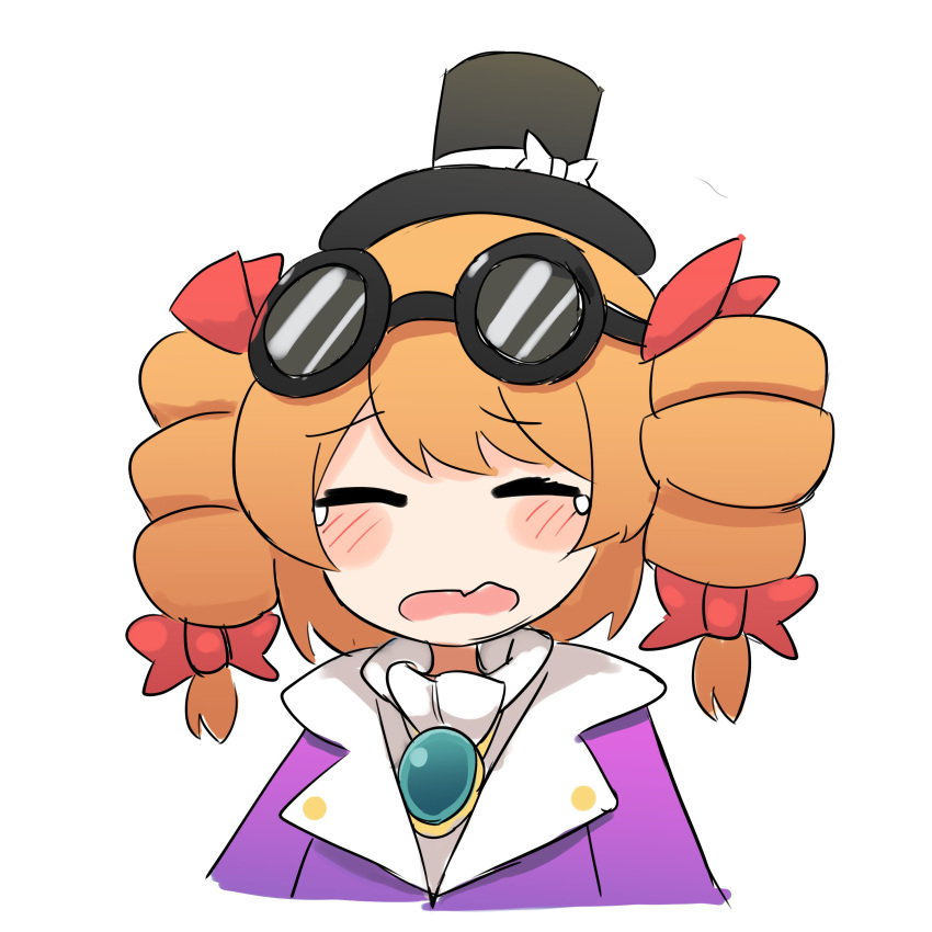 1girl absurdres bow cropped_torso crying drill_hair eyewear_on_head fang ferdy's_lab hat hat_bow highres jewelry simple_background skin_fang solo sunglasses tears top_hat touhou twin_drills upper_body white_background yorigami_jo'on