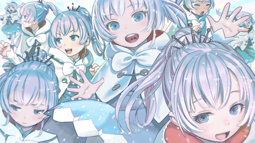 6+girls :d :o aged_down blue_eyes blush capelet cloak clone closed_mouth commentary_request end_card hair_ornament happy highres hood hooded_cloak long_hair multiple_girls multiple_views murata_range official_art open_hand open_mouth pony rwby rwby_ice_queendom sad second-party_source smile snowing teeth tiara upper_teeth weiss_schnee white_hair