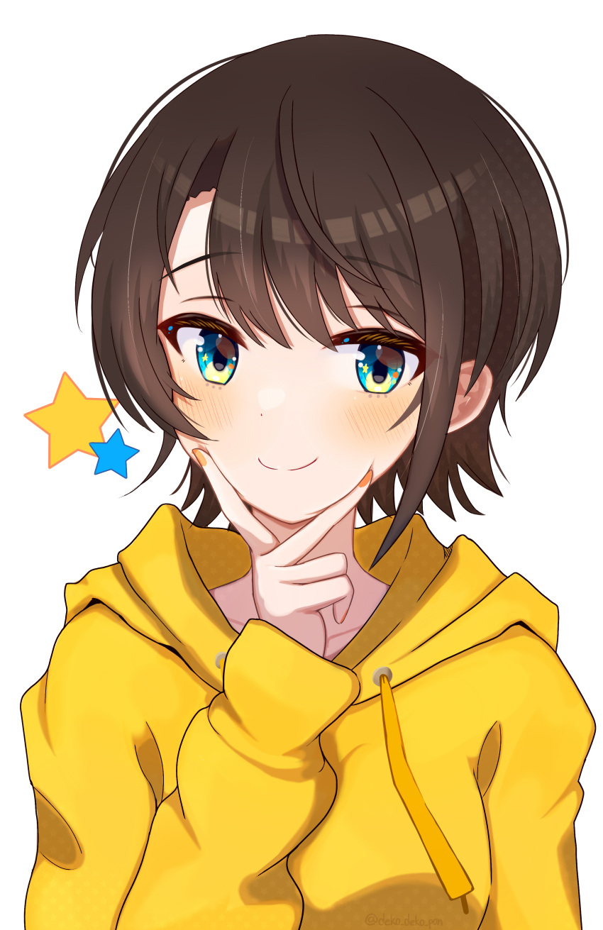 1girl absurdres banana_de_ikopon bangs blue_eyes breasts brown_hair closed_mouth commentary_request cropped_hoodie hand_up highres hololive hood hoodie long_sleeves looking_at_viewer medium_breasts medium_hair nail_polish oozora_subaru orange_nails shiny shiny_hair sidelocks simple_background solo star_(symbol) swept_bangs upper_body v virtual_youtuber white_background yellow_hoodie