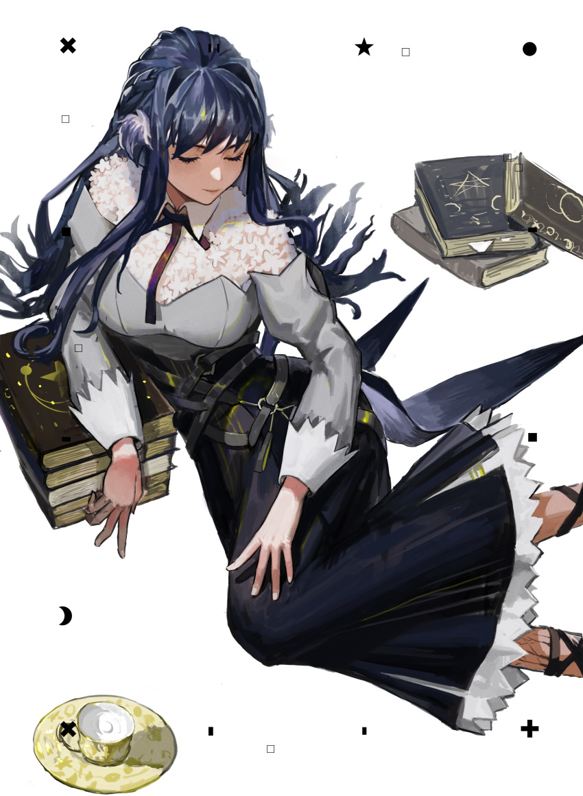 absurdres arknights astesia_(arknights) blue_hair blue_ribbon blue_skirt book book_stack circle closed_eyes collared_shirt crescent cup feet_out_of_frame hand_on_own_leg highres layered_skirt light_smile long_hair long_sleeves neck_ribbon on_floor oripathy_lesion_(arknights) peach21 ribbon see-through shirt simple_background skirt square star_(symbol) teacup white_background white_shirt white_skirt