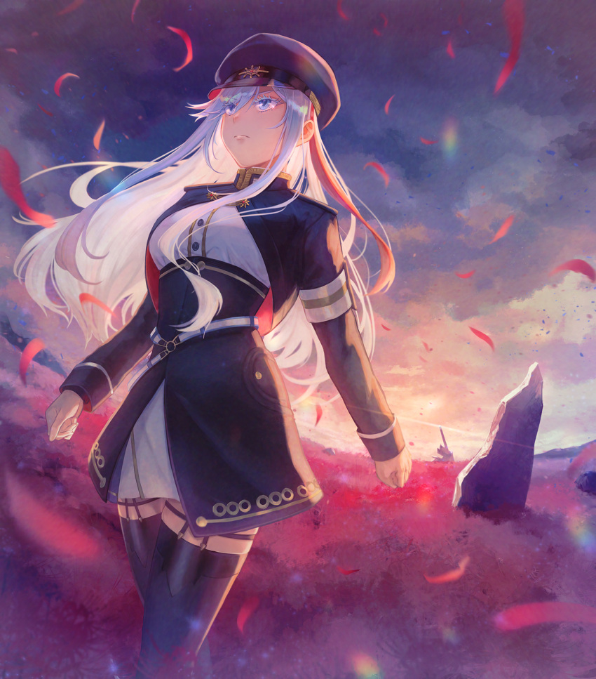 1girl 86_-eightysix- armband bangs black_jacket black_thighhighs blue_eyes closed_mouth clouds cloudy_sky colored_eyelashes dress_shirt field floating_hair flower flower_field garter_straps hair_between_eyes hat highres jacket long_hair long_sleeves loveturtle2 military military_hat military_uniform miniskirt multicolored_hair open_clothes open_jacket outdoors petals redhead shiny shiny_hair shirt skirt sky solo thigh-highs two-tone_hair underbust uniform very_long_hair vladilena_millize walking white_hair white_shirt white_skirt zettai_ryouiki