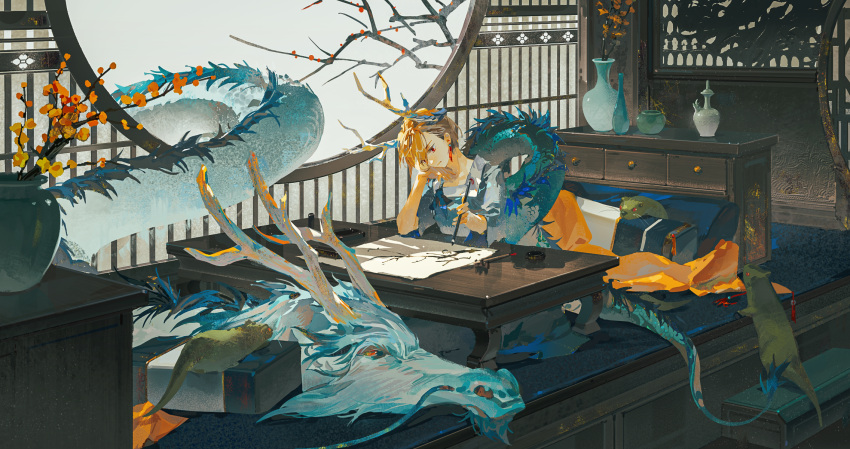 1girl antlers arm_support bangs blonde_hair blue_shirt branch cabinet calligraphy_brush chabudai_(table) closed_mouth commentary_request dragon dragon_girl dragon_tail drawing earrings eastern_dragon flower hand_on_own_cheek hand_on_own_face head_tilt highres holding holding_brush huang_gua indoors jewelry kicchou_yachie long_tail otter_spirit_(touhou) paintbrush red_eyes scenery shirt short_hair sitting sleeves_past_elbows solo table tail touhou vase window