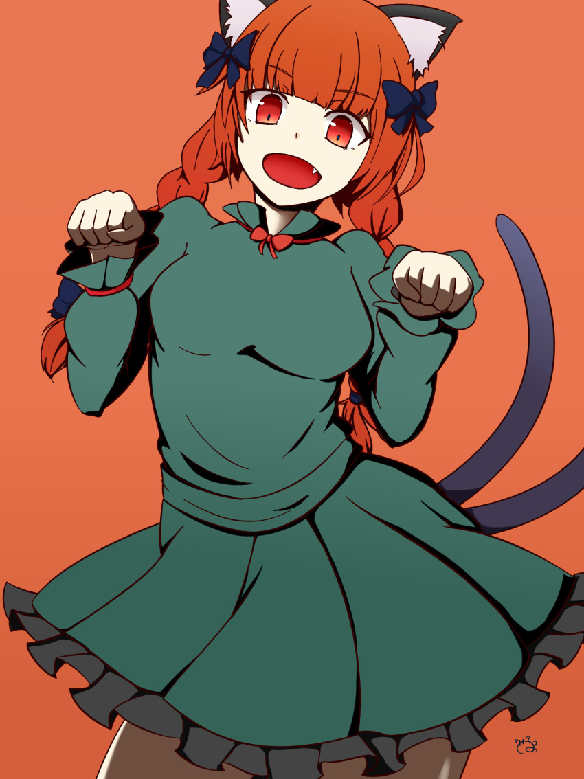 1girl animal_ears bangs beru_(vellur1165) blunt_bangs bow braid cat_ears cat_tail contrapposto fang highres kaenbyou_rin multiple_tails nekomata open_mouth orange_background paw_pose red_background red_eyes redhead solo tail touhou two_tails