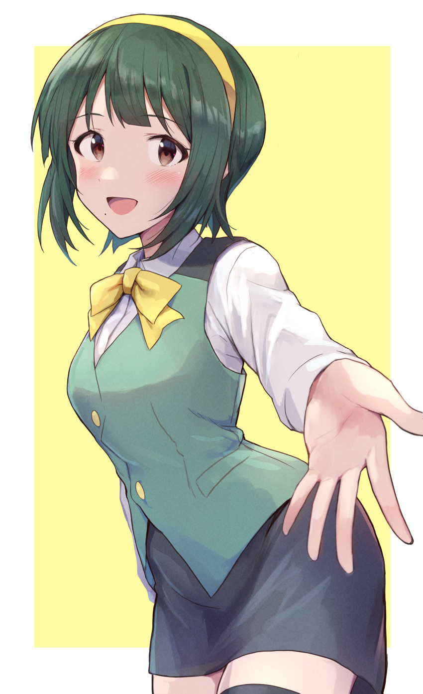 1girl absurdres bangs birthday black_skirt bow bowtie brown_eyes collared_shirt dress_shirt green_hair green_vest hairband highres idolmaster idolmaster_(classic) long_sleeves looking_at_viewer mole mole_under_mouth open_mouth otonashi_kotori pencil_skirt shirt short_hair shuucream_(syuichi) skirt smile solo vest white_shirt yellow_bow yellow_bowtie yellow_hairband