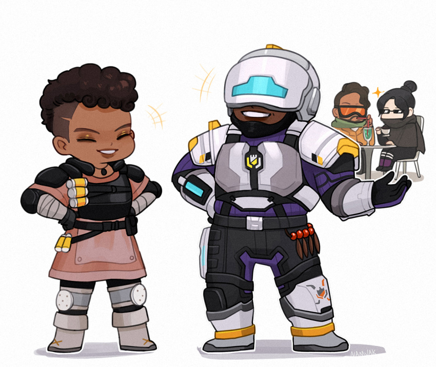 2boys 2girls ^_^ apex_legends armor bangalore_(apex_legends) black_gloves black_headwear black_pants black_scarf bodysuit brother_and_sister brown_jacket chibi closed_eyes dark-skinned_female dark_skin gloves goggles green_scarf hair_bun hands_on_hips jacket korean_commentary mirage_(apex_legends) multiple_boys multiple_girls namjak newcastle_(apex_legends) open_hand pants parted_lips purple_bodysuit scarf siblings smile sunglasses table white_background wraith_(apex_legends)