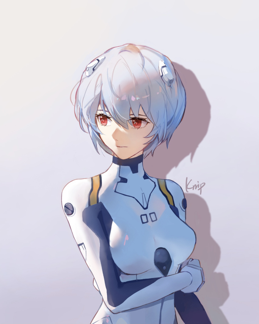 1girl ayanami_rei bangs bodysuit breasts closed_mouth grey_background grey_hair hair_between_eyes highres knip_(knipyt) neon_genesis_evangelion plugsuit red_eyes shadow shiny shiny_hair short_hair signature small_breasts solo upper_body white_bodysuit