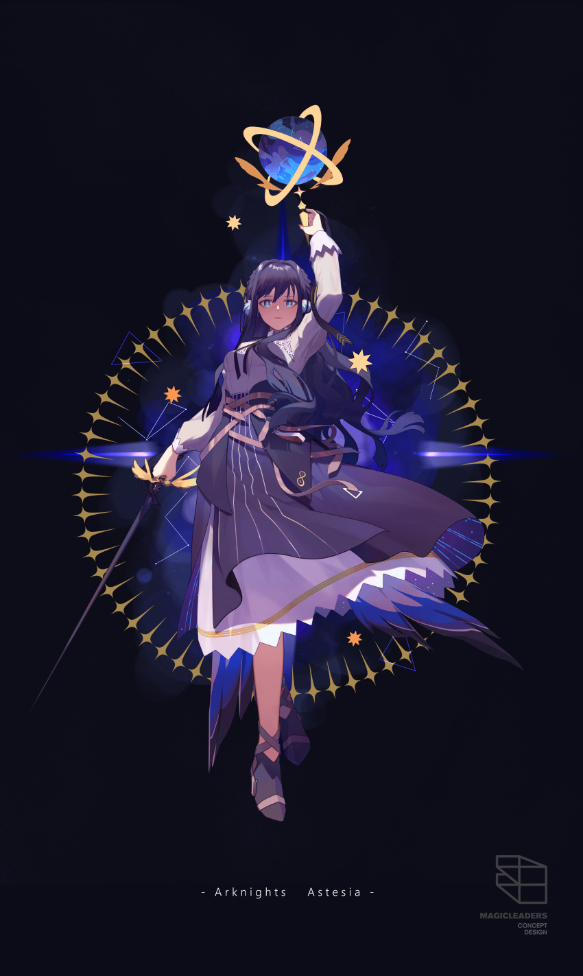 1girl absurdres animal_ears arknights arm_up astesia_(arknights) bird_ears bird_tail blue_background blue_hair blue_skirt bright_pupils celestial_globe constellation_print contrapposto full_body gold_trim high_heels highres holding holding_sword holding_weapon layered_skirt lilith-lily long_hair looking_at_viewer serious skirt solo star_(symbol) sword tail weapon white_pupils white_skirt winged_sword