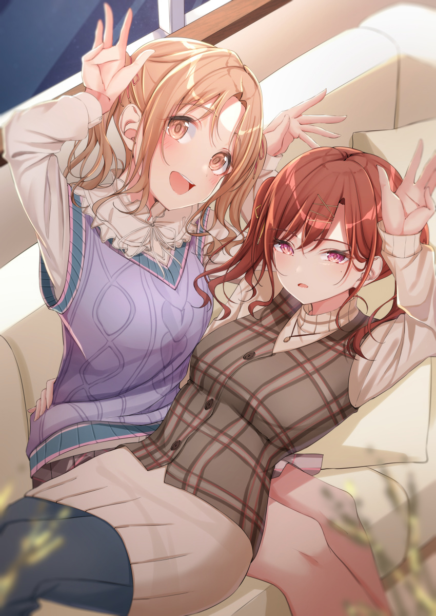 2girls absurdres bangs brown_eyes brown_hair commentary_request couch hair_ornament hair_ribbon hairclip hand_on_another's_hip highres higuchi_madoka ichikawa_hinana idolmaster idolmaster_shiny_colors lap_pillow long_hair looking_at_viewer lying mole mole_under_eye multiple_girls on_back ribbon sitting sweater sweater_vest swept_bangs turtleneck turtleneck_sweater twintails vest violet_eyes yzk_knmn