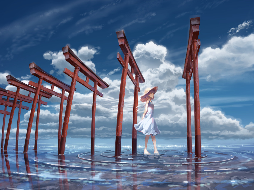 1girl absurdres arms_behind_back barefoot blonde_hair blue_eyes clouds copyright_request day dress full_body highres light_smile long_hair multiple_torii outdoors reflection ripples shijohane solo standing sundress torii wading walking water_world wide_shot