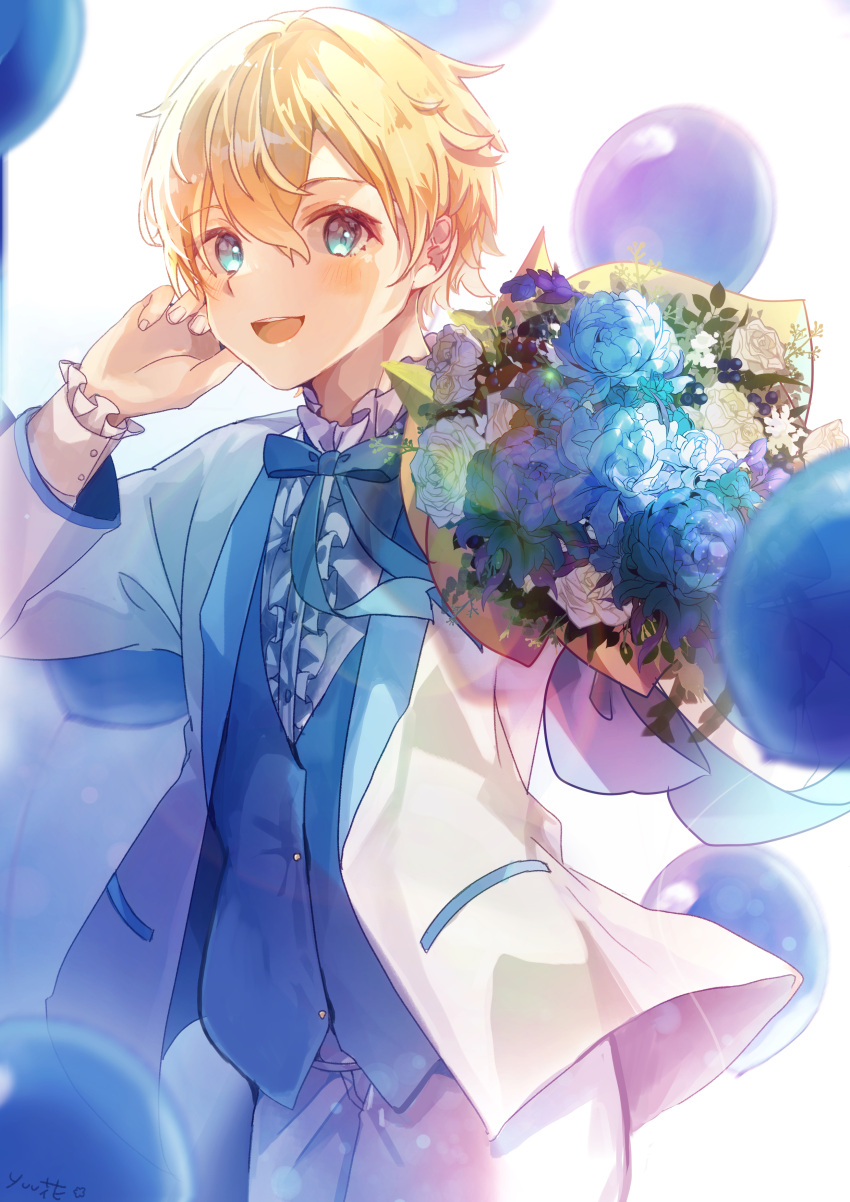 1boy :d absurdres bangs blonde_hair blue_bow blue_bowtie blue_eyes blue_flower blue_vest blush bouquet bow bowtie cow dress_shirt eugeo flower hair_between_eyes hand_in_own_hair highres holding holding_bouquet jacket long_sleeves looking_at_viewer male_focus open_clothes open_jacket pants rose shiny shiny_hair shirt short_hair signature smile solo standing sword_art_online vest white_flower white_jacket white_pants white_shirt yuuka0922