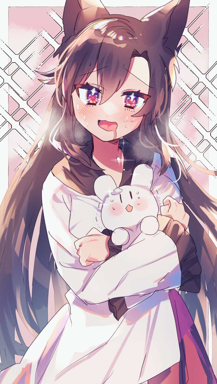 1girl absurdres animal_ears bangs brown_hair dress drooling hair_between_eyes haruwaka_064 highres holding holding_stuffed_toy imaizumi_kagerou jewelry long_hair long_sleeves mouth_drool red_eyes simple_background sparkle_background stuffed_toy touhou upper_body wolf_ears