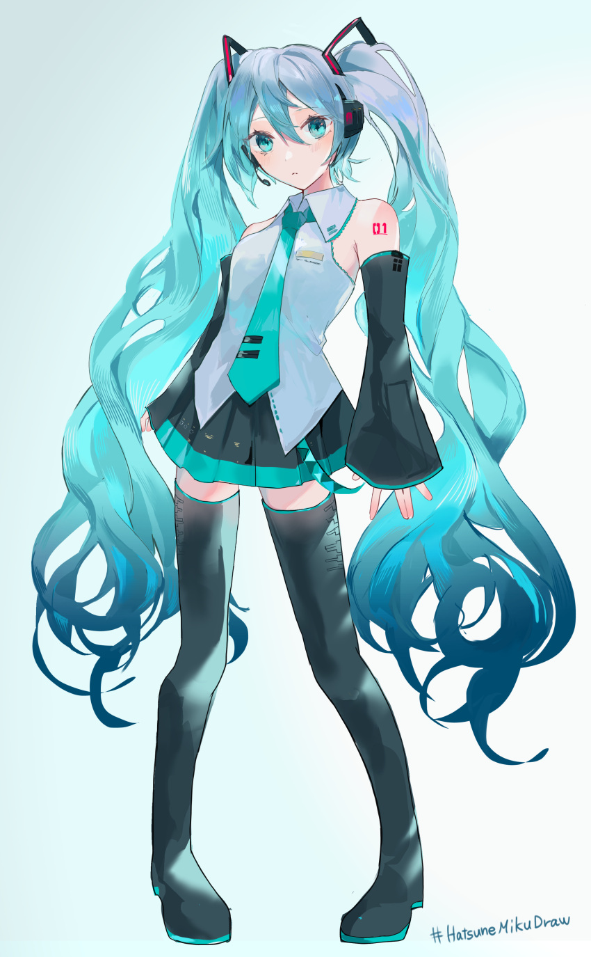 1girl absurdres aqua_necktie aqua_skirt bangs black_footwear black_skirt black_sleeves blue_eyes blue_hair boots character_name collared_shirt detached_sleeves dress_shirt full_body glance_neon gradient_hair grey_background hair_between_eyes hatsune_miku headphones headset highres long_hair long_sleeves looking_at_viewer microphone miniskirt multicolored_hair necktie number_tattoo parted_lips pleated_skirt shiny shiny_hair shirt shoulder_tattoo skirt sleeveless sleeveless_shirt solo tattoo thigh_boots twintails two-tone_skirt very_long_hair vocaloid vocaloid_boxart_pose white_shirt wing_collar zettai_ryouiki