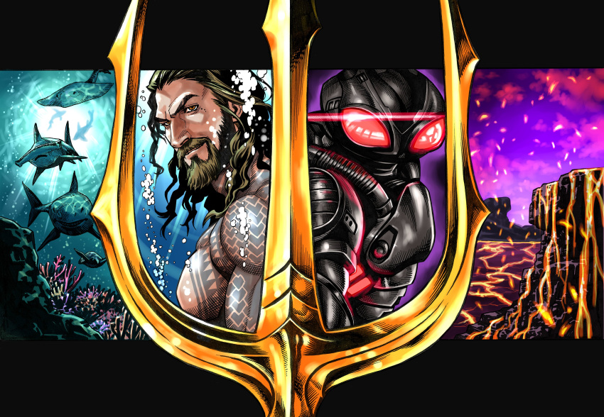 2boys absurdres animification aquaman_(dc) aquaman_(series) arm_tattoo beard black_manta brown_eyes brown_hair dc_comics facial_hair hammerhead_shark helmet highres looking_at_viewer male_focus mole mole_under_eye molten_rock multiple_boys mustache oosawa_yuusuke polearm power_armor shark smile superhero tattoo trident underwater weapon