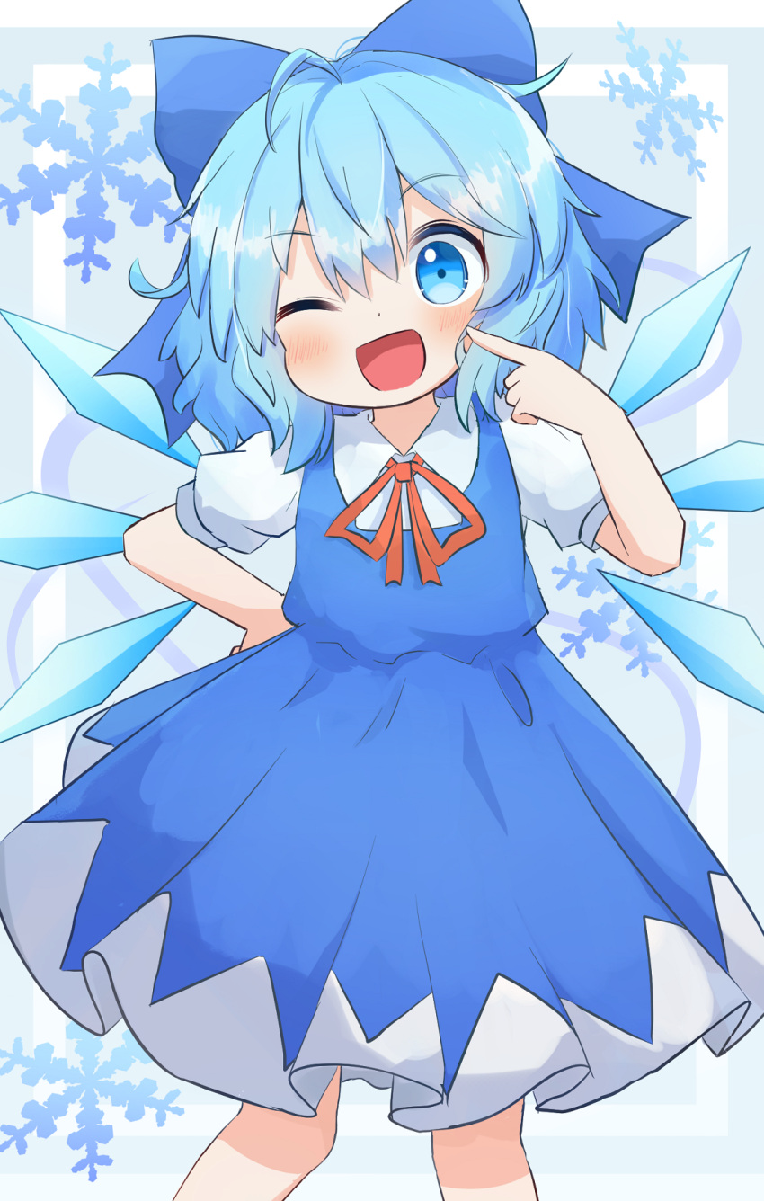 1girl blue_bow blue_dress blue_eyes blue_hair blush bow cirno collared_shirt coruthi detached_wings dress fairy feet_out_of_frame hair_between_eyes hair_bow highres ice ice_wings one_eye_closed open_mouth shirt short_hair short_sleeves smile snowflakes solo touhou white_shirt wings