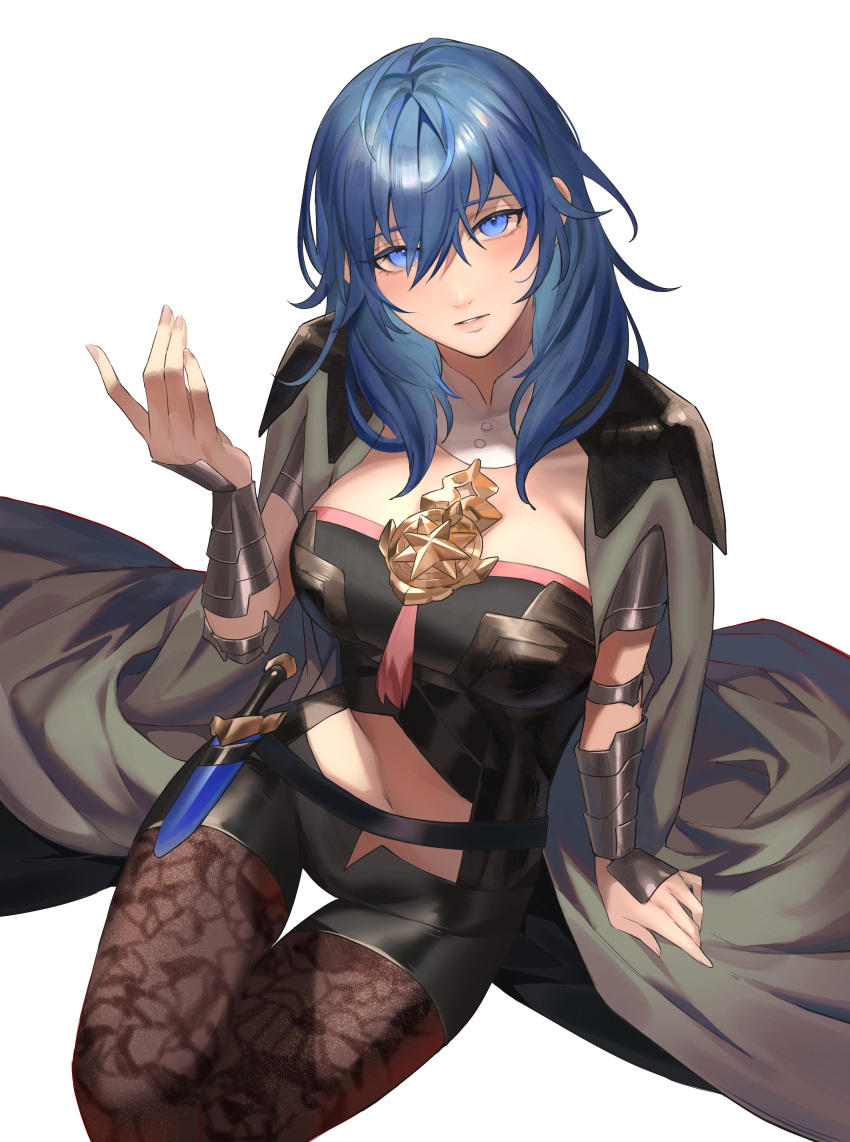 1girl absurdres arm_support armlet arms_up blue_hair breasts byleth_(fire_emblem) byleth_eisner_(female) fire_emblem fire_emblem:_three_houses fire_emblem_heroes highres large_breasts looking_at_viewer navel pantyhose shiny shiny_hair short_shorts shorts simple_background sitting solo toho10min white_background