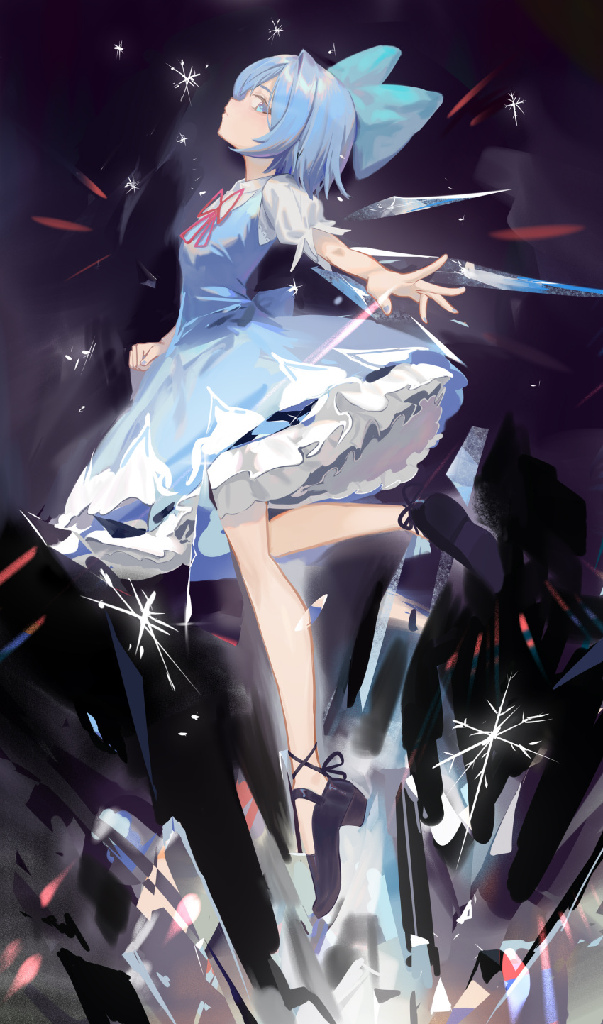 1girl absurdres artist_request bangs black_footwear blue_bow blue_dress blue_eyes blue_hair bow breasts cirno cirno_day closed_mouth collared_shirt crystal dress expressionless from_side full_body hair_bow high_heels highres ice ice_wings leg_up looking_to_the_side neck_ribbon outstretched_arm petticoat pinafore_dress profile puffy_short_sleeves puffy_sleeves red_ribbon ribbon shirt short_hair short_sleeves small_breasts solo touhou white_shirt wings