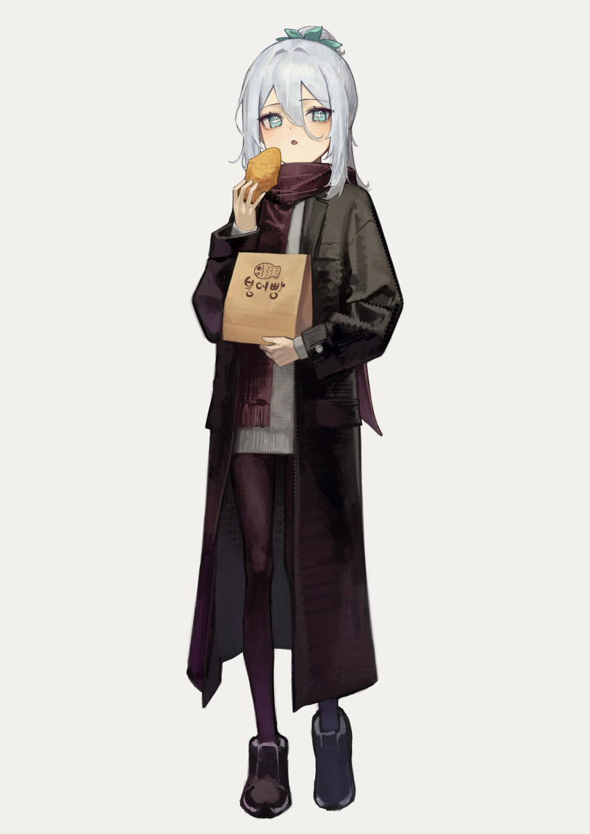 1girl absurdres bag bangs black_coat black_pantyhose boots bright_pupils coat cross-shaped_pupils food full_body green_eyes green_scrunchie grey_hair grey_shirt hair_between_eyes hair_ornament hair_scrunchie hand_up highres holding holding_bag holding_food korean_text long_coat long_sleeves looking_at_viewer medium_hair open_mouth original pantyhose paper_bag purple_scarf scarf scrunchie second-party_source shirt sidelocks simple_background solo standing taiyaki translation_request wagashi white_background white_pupils yoon_cook