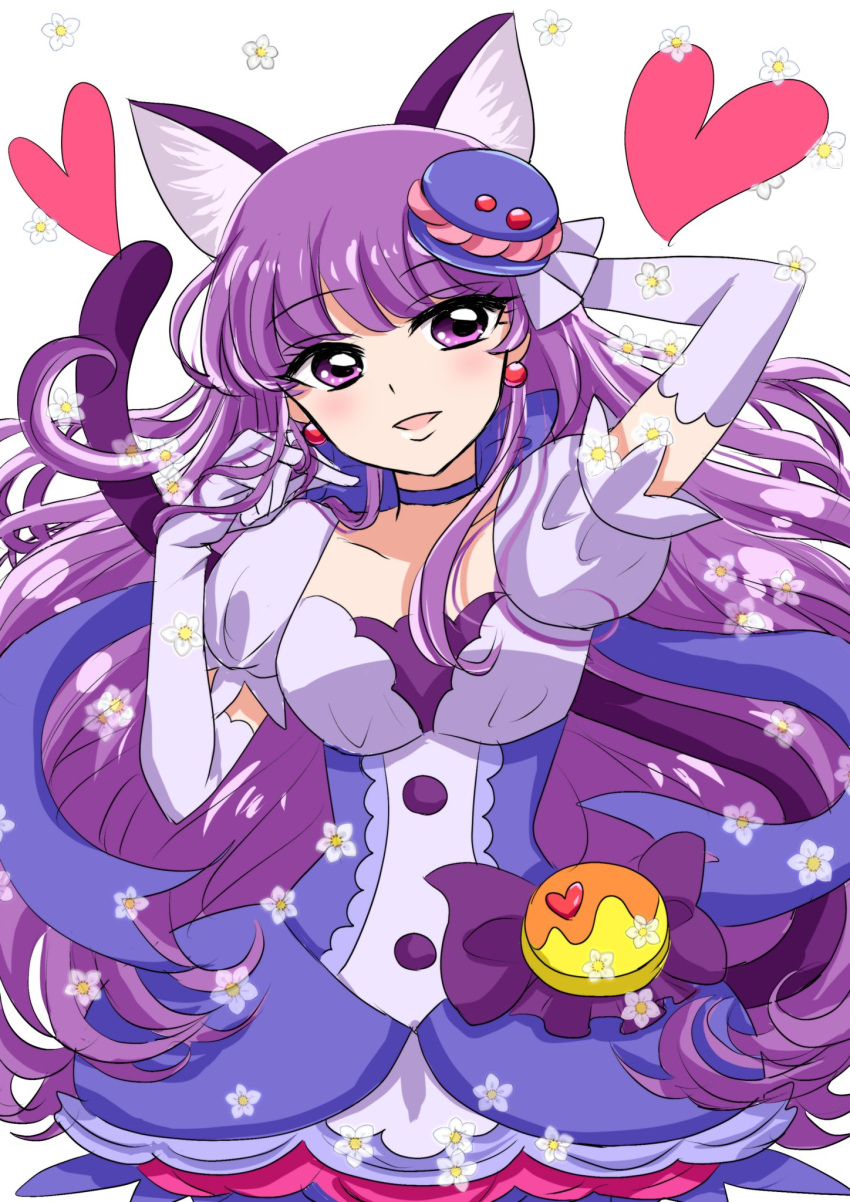 1girl animal_ears biwa27 bow_choker breasts cat_ears choker cure_macaron dress earrings elbow_gloves extra_ears food-themed_hair_ornament gloves hair_ornament heart highres jewelry kirakira_precure_a_la_mode kotozume_yukari macaron_hair_ornament magical_girl medium_breasts open_mouth pouch precure puffy_short_sleeves puffy_sleeves purple_choker purple_dress purple_hair purple_tail short_sleeves smile solo violet_eyes white_background white_dress white_gloves