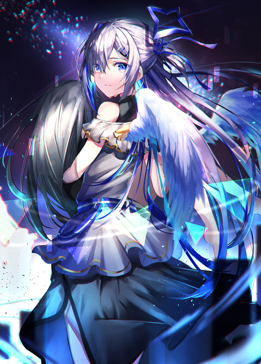 1girl absurdres adapted_costume amane_kanata angel angel_wings belt blue_hair colored_inner_hair dress from_behind grey_hair hair_ornament hair_ribbon hairclip herigaru_(fvgyvr000) highres hololive looking_at_viewer looking_back multicolored_hair ribbon solo tears two_side_up violet_eyes virtual_youtuber wings