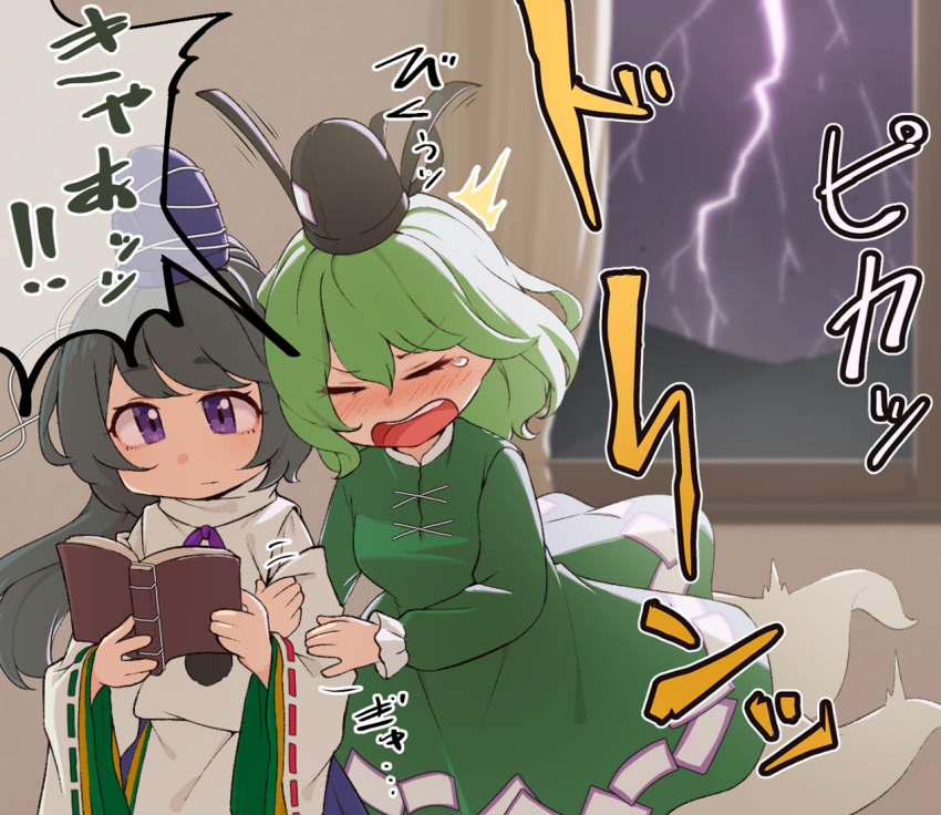 2girls black_headwear black_ribbon cross-laced_clothes dress electricity frilled_dress frilled_sleeves frills ghost ghost_tail green_dress green_hair grey_hair hat holding_another's_arm japanese_clothes juliet_sleeves kanpa_(campagne_9) lightning long_sleeves mononobe_no_futo multiple_girls ofuda ofuda_on_clothes pom_pom_(clothes) ponytail puffy_sleeves ribbon scared soga_no_tojiko tate_eboshi touhou violet_eyes wide_sleeves