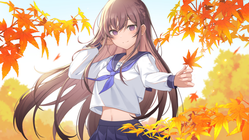1girl autumn autumn_leaves bangs banned_artist blue_sailor_collar blue_skirt blush brown_hair closed_mouth commentary_request day hand_in_own_hair highres holding holding_leaf icomochi leaf long_hair long_sleeves looking_at_viewer midriff_peek navel original outdoors pleated_skirt sailor_collar school_uniform serafuku shirt sidelocks skirt smile solo very_long_hair violet_eyes white_shirt