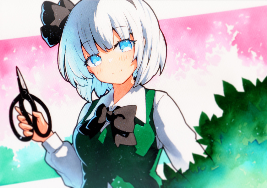 1girl bangs black_bow black_bowtie black_ribbon blue_eyes blue_hair blush border bow bowtie breasts bush closed_mouth collared_shirt gradient gradient_background green_vest grey_hair grey_hairband hair_between_eyes hairband hand_up highres konpaku_youmu leaf long_sleeves looking_to_the_side medium_breasts multicolored_hair outside_border pink_background puffy_long_sleeves puffy_sleeves qqqrinkappp ribbon scissors shirt short_hair smile solo touhou traditional_media vest white_background white_border white_hair white_shirt