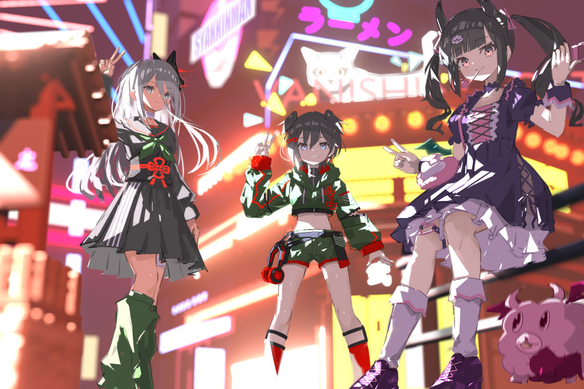 animal_ears bag black_hair blue_eyes brown_hair crop_top curly_hair demon_horns denonbu dog_ears dress gothic_lolita grey_eyes grey_hair gurumaruhana headphones highres horns lolita_fashion long_hair looking_at_viewer loose_socks matoi_ogami maya-shakuji-ameno multiple_girls reml school_uniform short_hair shorts skirt socks twintails v