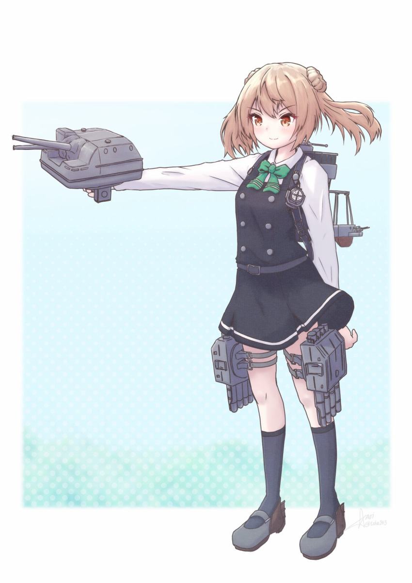 1girl aaoi adapted_turret aiming black_dress black_socks bow bowtie cannon double_bun dress full_body green_bow green_bowtie hair_bun highres kantai_collection light_brown_hair long_sleeves machinery michishio_(kancolle) michishio_kai_ni_(kancolle) pinafore_dress rudder_footwear searchlight shirt short_twintails socks solo torpedo_launcher turret twintails white_shirt yellow_eyes