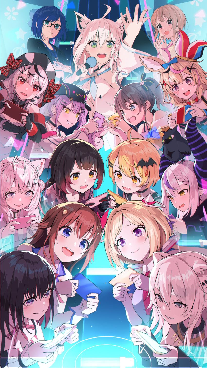 6+girls :d a-chan_(hololive) absurdres aki_rosenthal azki_(hololive) cellphone coyote_girl crow_(la+_darknesss) fox_girl hakui_koyori harusaki_nodoka highres holding holding_microphone holding_phone hololive la+_darknesss looking_at_object looking_at_viewer microphone multiple_girls natsuiro_matsuri nobusawa_osamu omaru_polka open_mouth phone roboco-san sakamata_chloe shirakami_fubuki shishiro_botan smartphone smile symmetry tokino_sora tokoyami_towa virtual_youtuber yozora_mel