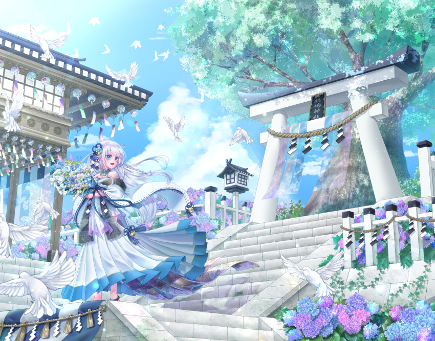 1girl :d animal bangs bell bird blush bouquet choker day dress flower gate hair_ornament highres holding holding_bouquet holding_flower hydrangea long_hair looking_back off-shoulder_dress off_shoulder open_mouth original outdoors rope shide shrine sky smile solo stairs stone_lantern suzune_(p5lel) torii tree very_long_hair white_hair wide_sleeves wind wind_chime