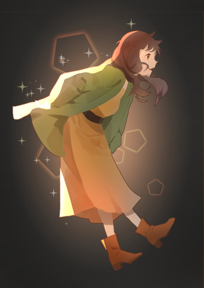 1girl brown_dress brown_eyes brown_footwear brown_hair dress full_body gradient gradient_background green_jacket grey_background highres jacket long_hair open_mouth original shoes simple_background sparkle yuiyimi