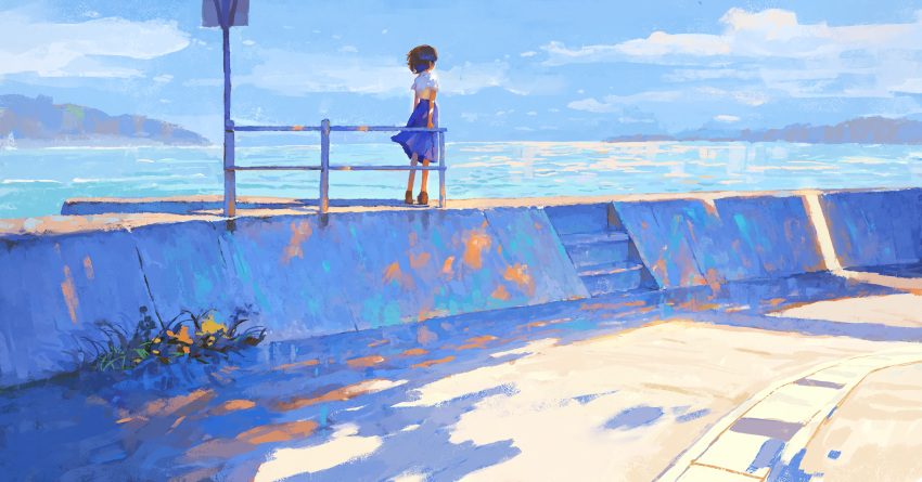 1girl blue_skirt blue_sky brown_footwear brown_hair commentary day facing_away fjsmu highres horizon long_skirt ocean original outdoors railing road road_sign scenery shirt shirt_tucked_in shoes short_hair sign skirt sky solo standing water white_shirt wide_shot wind