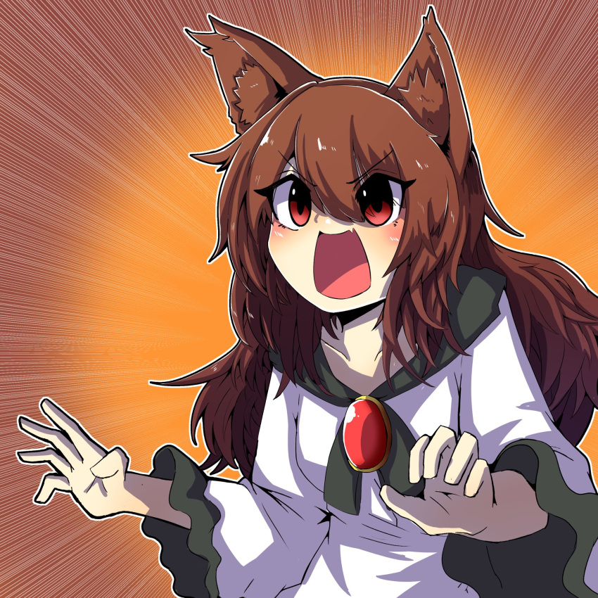 1girl :d animal_ear_fluff animal_ears bangs brooch brown_background brown_hair commentary_request dress emphasis_lines eyes_visible_through_hair fang hair_between_eyes highres hurin_raika imaizumi_kagerou jewelry long_hair long_sleeves looking_at_viewer one-hour_drawing_challenge open_mouth red_eyes skin_fang smile solo touhou upper_body white_dress wide_sleeves wolf_ears wolf_girl